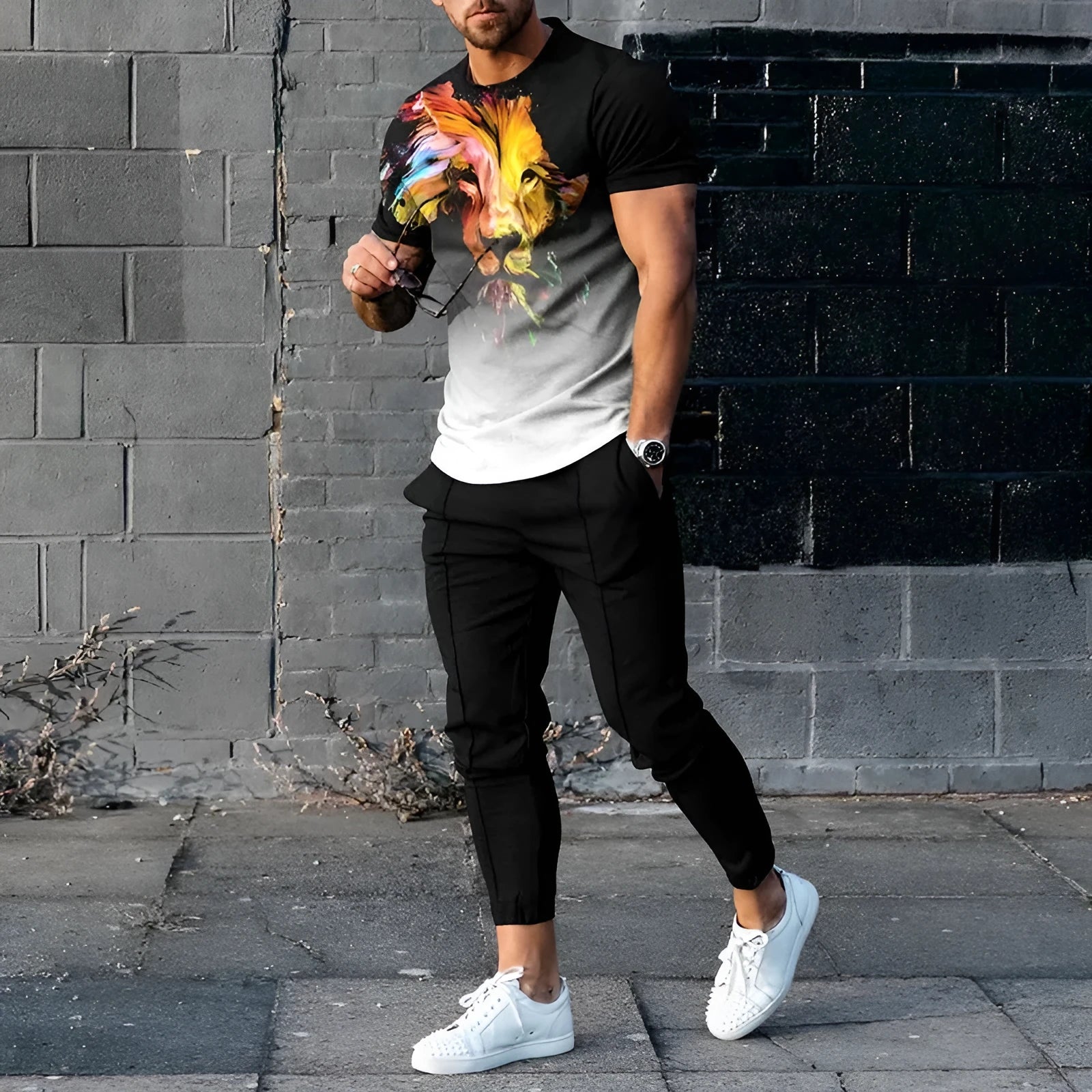 Men's short-sleeved printed pullover and matching trousers casual suit set