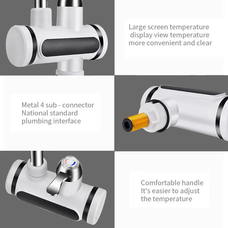 White kitchen instant electric water heater tap with digital temperature display and power cord.