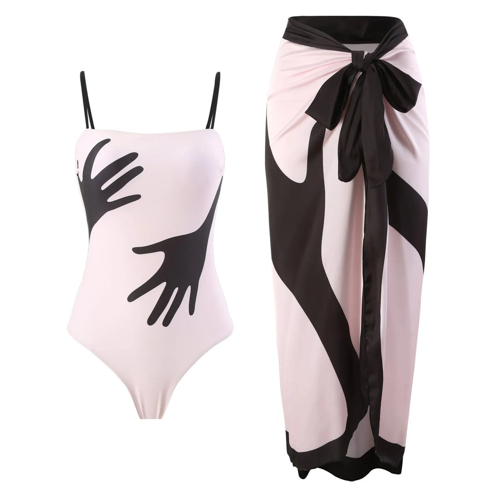 Women's one-piece bikini swimsuit with an attached white tulle skirt.