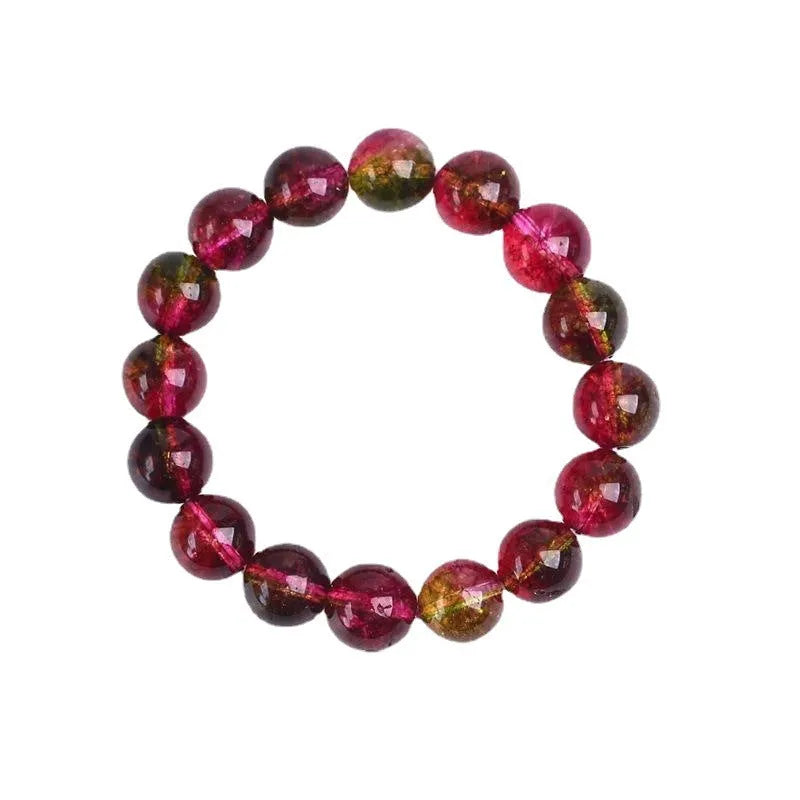 Women's watermelon crystal bracelet showing pink and green natural stone beads in selected size on wrist