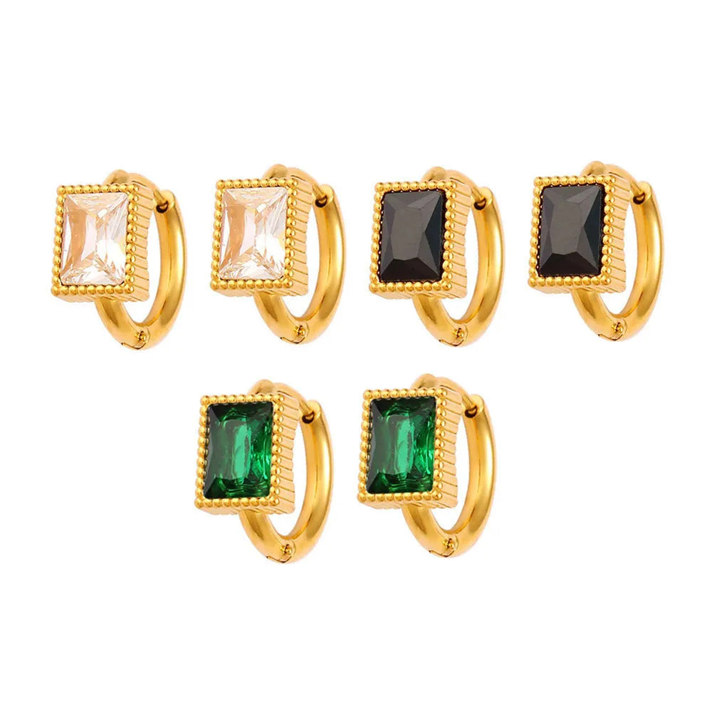 Square geometric zircon earrings in stainless steel with electroplated white, black, or green finish