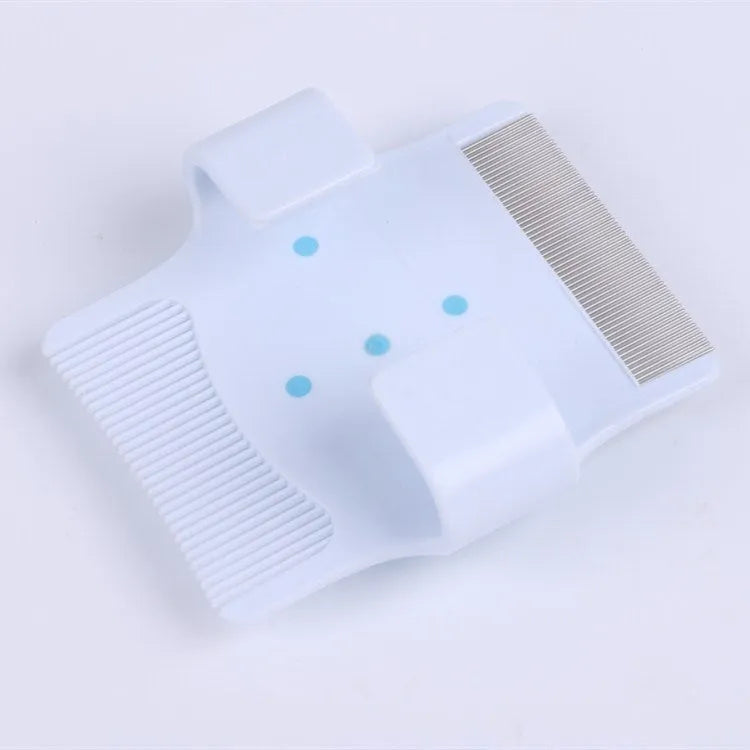 Blue multifunctional pet grooming comb with floating hair removal and massage features measuring 8.5 by 7.5 cm