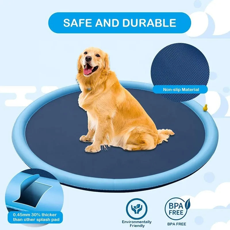 Inflatable blue dog sprinkler pool mat with anti-slip texture, connected to a garden hose in a garden.