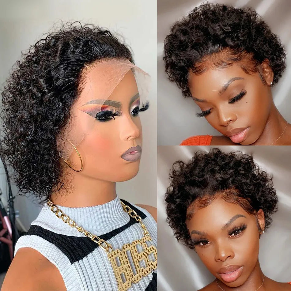 Black human hair pixie wig with lace front hair cover in 13x1 colour