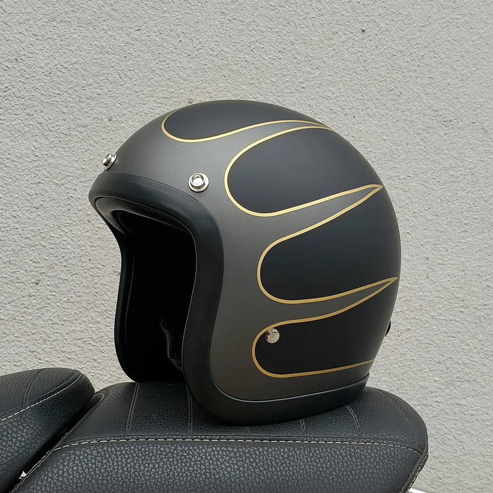 Glass fibre motorcycle half helmet shown in a retro style on a stand.