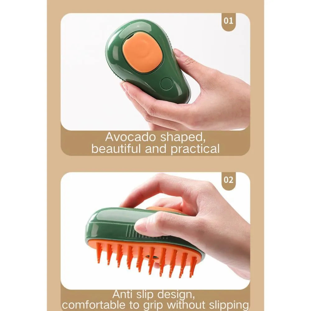 Green and white rechargeable cat steam brush with soft silicone teeth on a wooden table