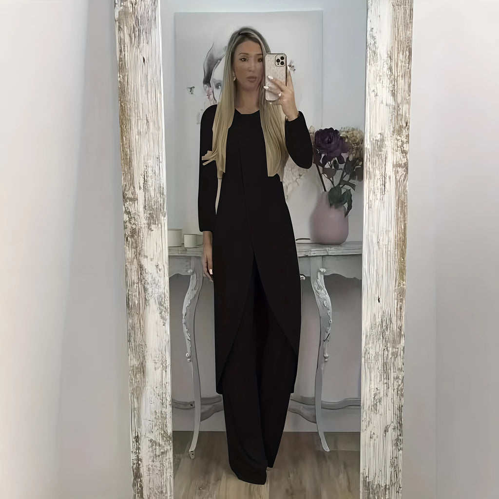 Casual polyester two-piece set showing long sleeve round neck top and matching trousers in black colour