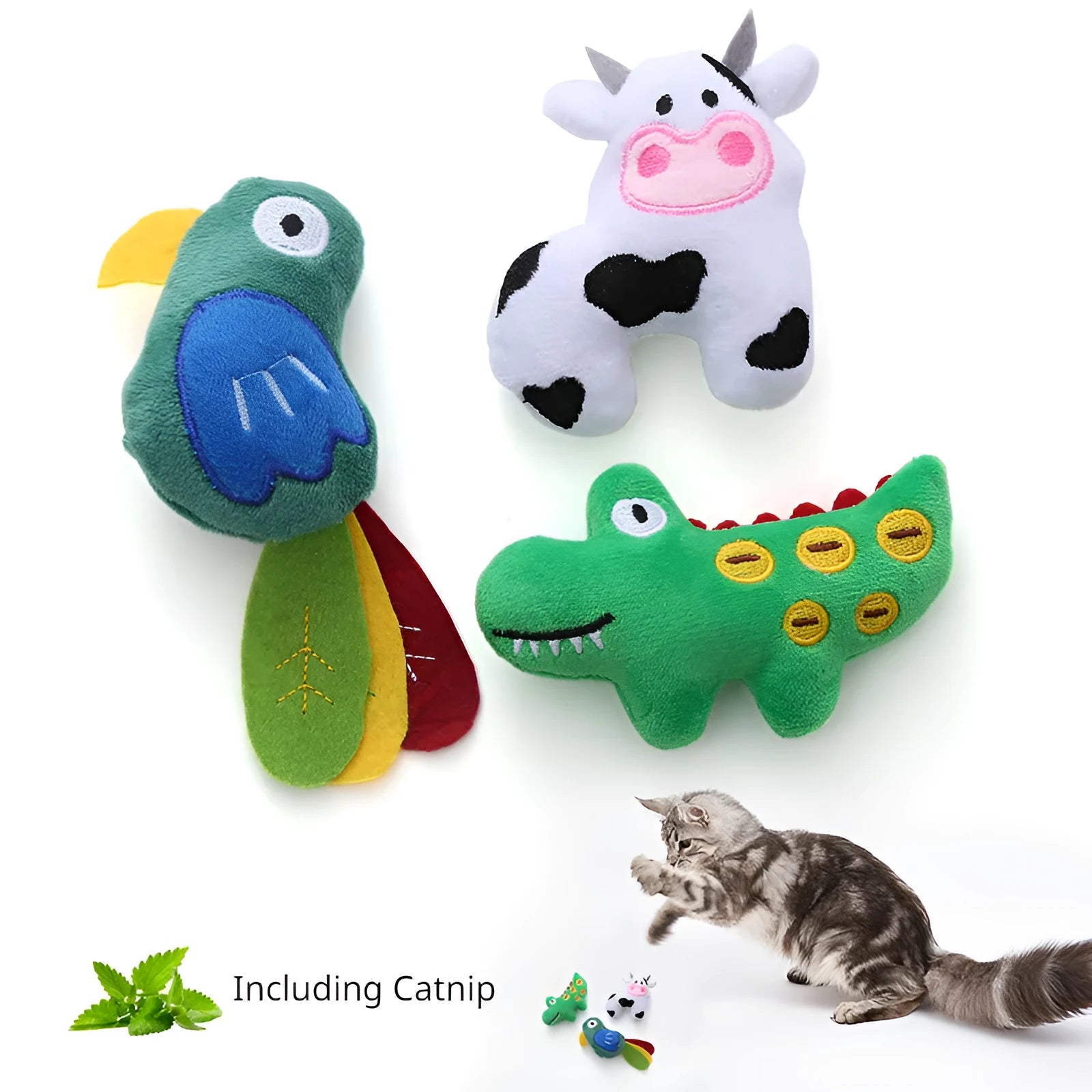 Plush parrot-shaped cat toy with catnip for interactive play next to cow and crocodile options.