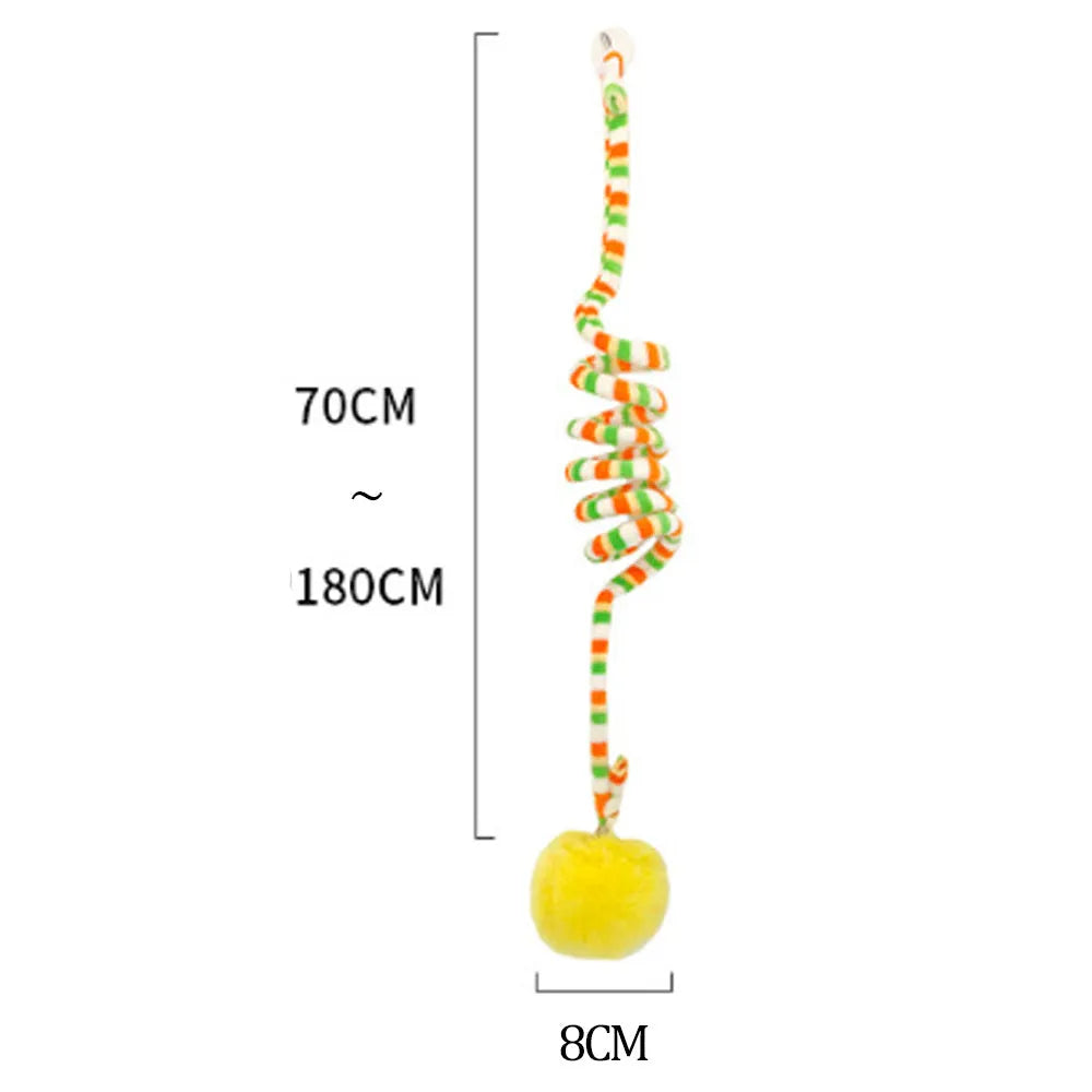 Hanging cat toy with inflatable ball on spring stick and suction cup base for kittens