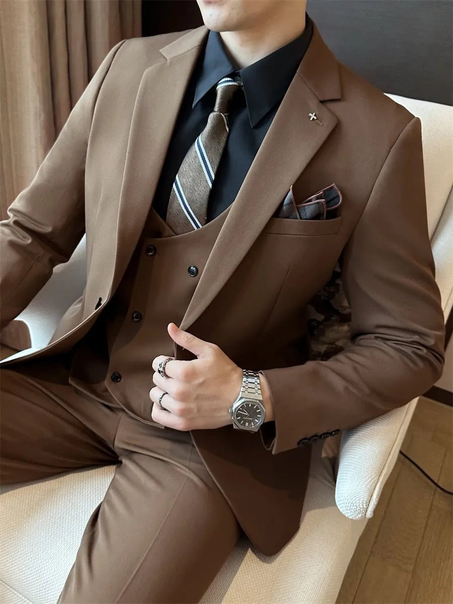 Men's slim fit business blazer in a dark green viscose blend fabric, shown on a model.