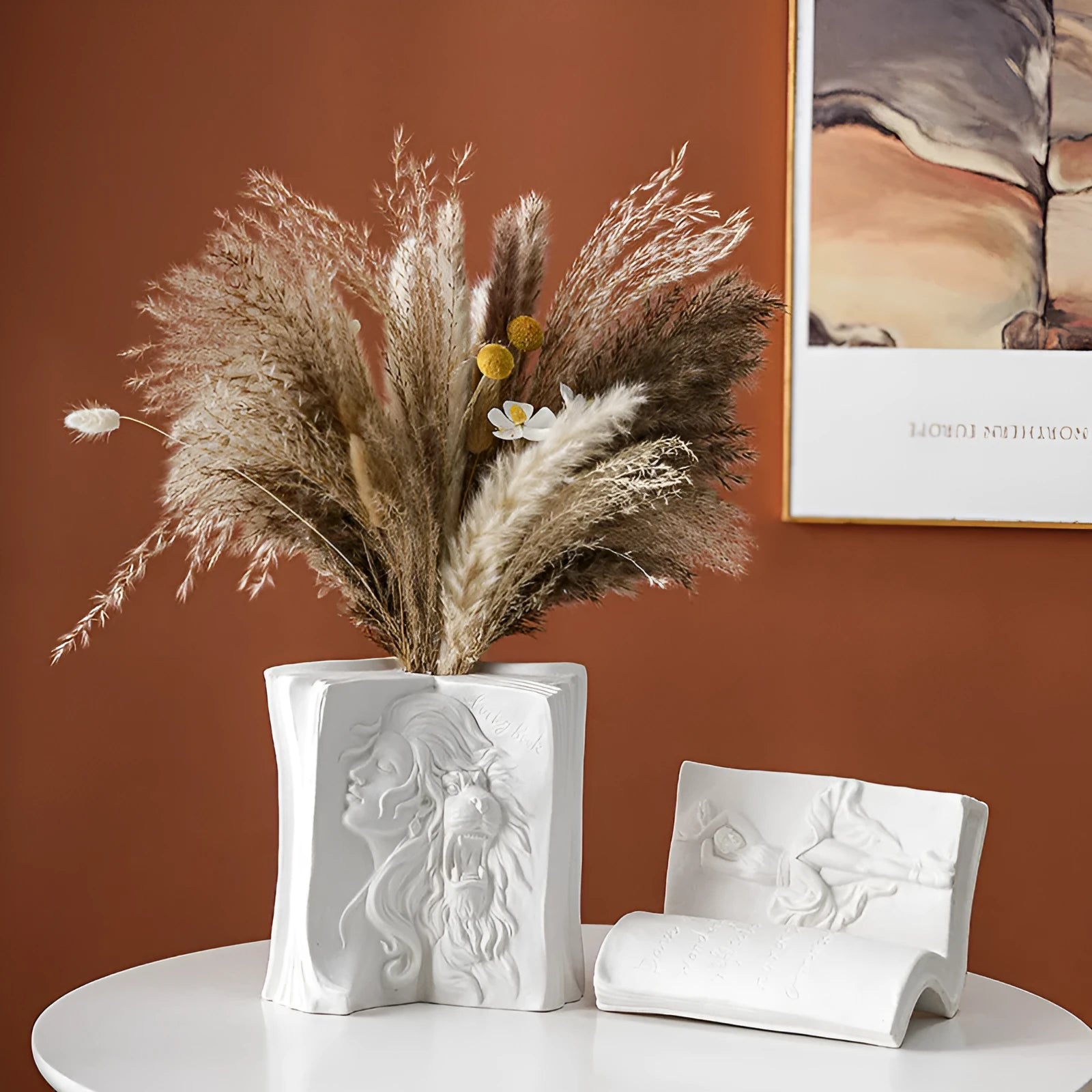 Ceramic book stand in a modern design with a glazed surface, shown in one of four character style options.