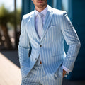 Men's blue and white button suit jacket with straight hem and bag cover seam pockets