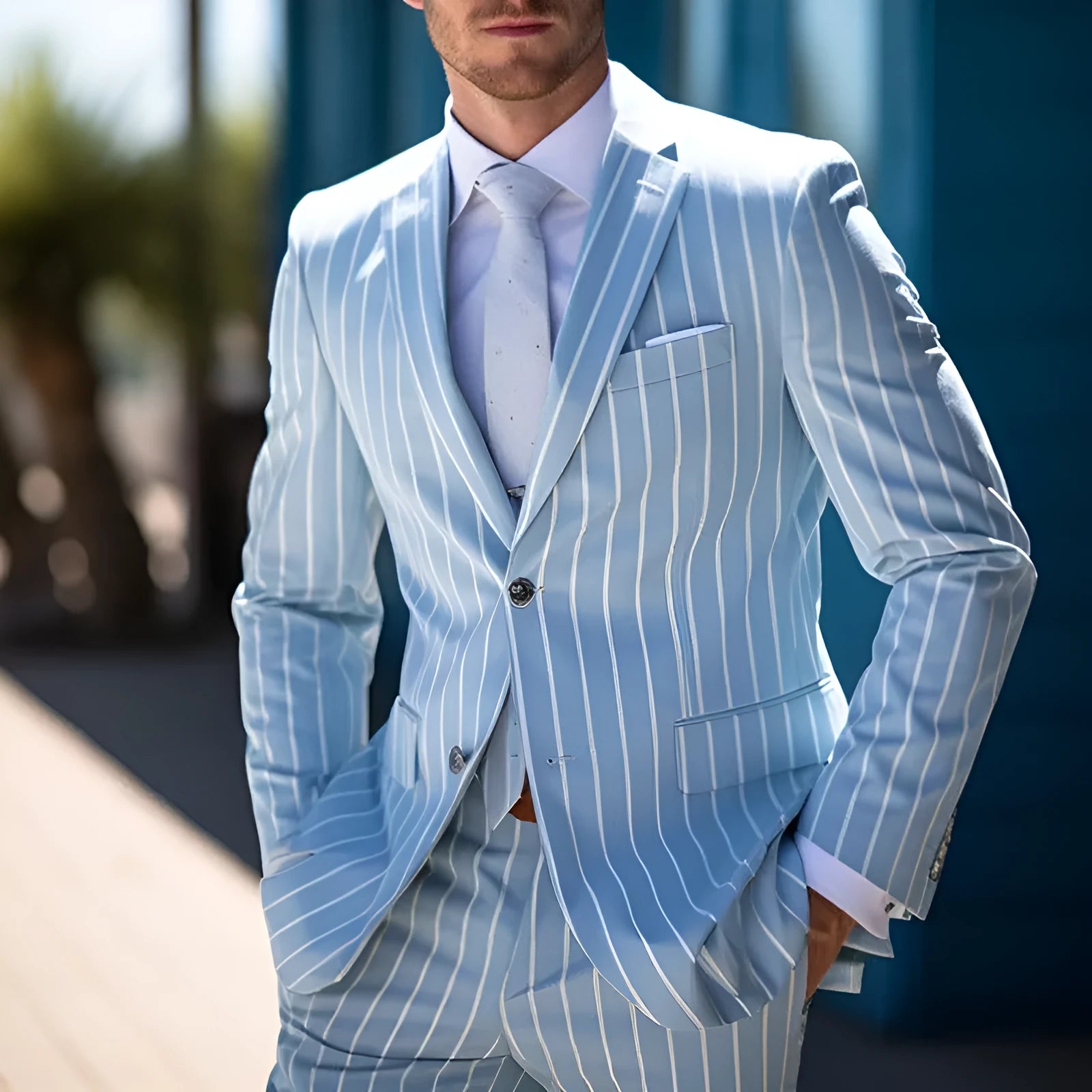 Men's blue and white button suit jacket with straight hem and bag cover seam pockets