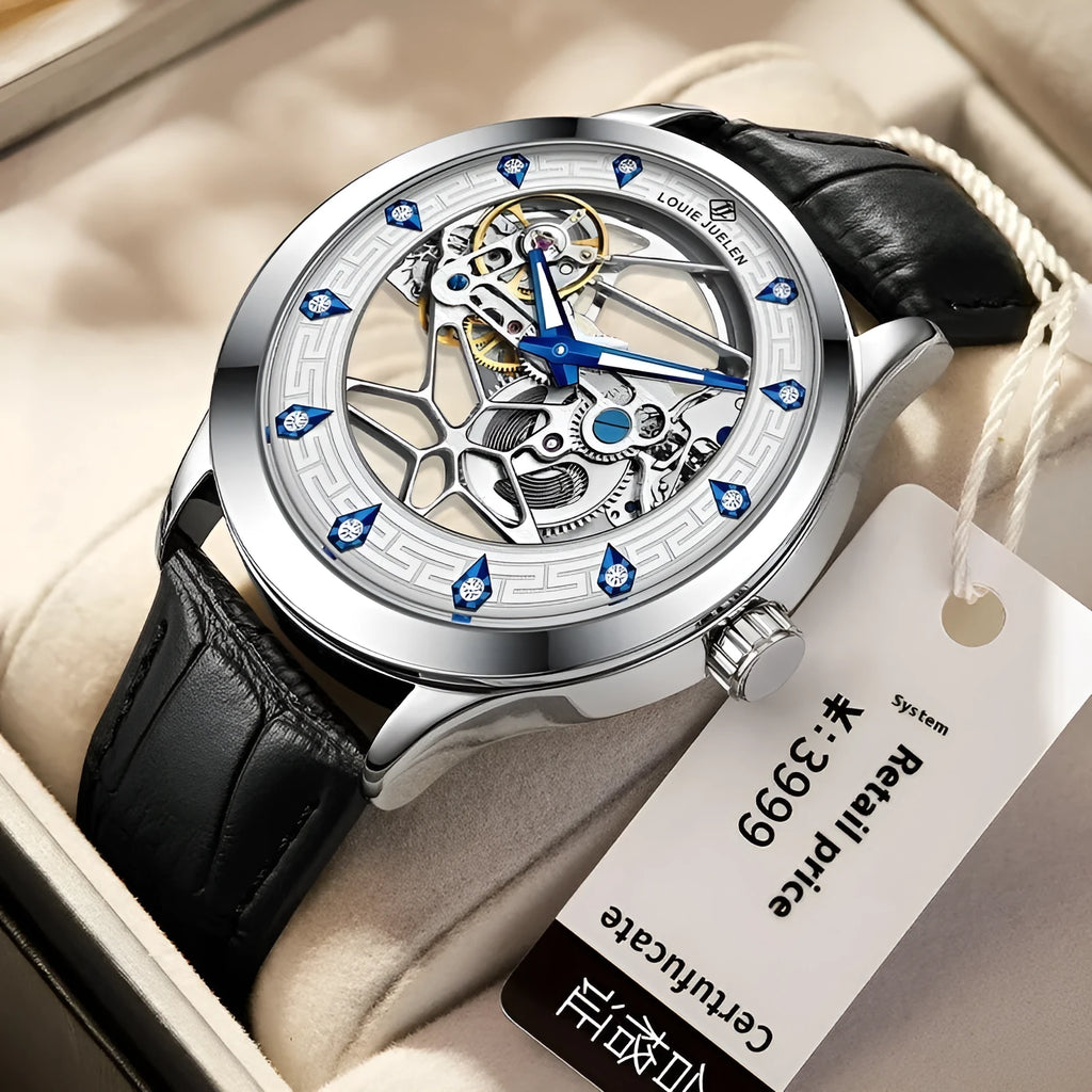Men's mechanical watch with silver case, white dial, blue luminous hands, and black leather strap