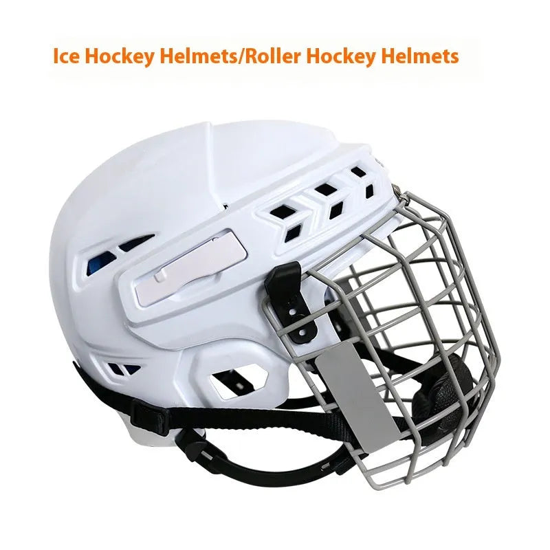 Ice hockey helmet with carbon steel face mask shown in available sizes S, M, L, and XL.