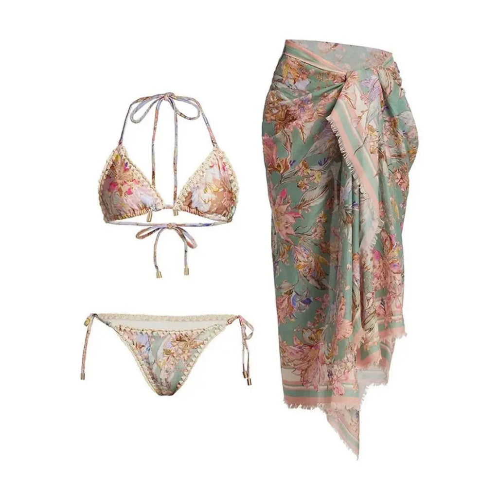 Women's creamy-white floral print bikini set with removable skirt for beach swimming