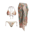 Women's creamy-white floral print bikini set with removable skirt for beach swimming