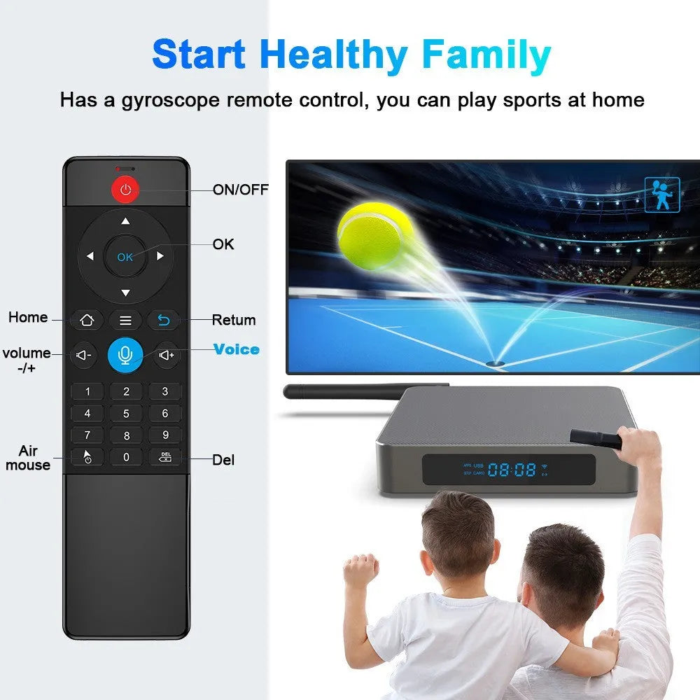 Black Android TV Box with remote, HDMI cable, and power adapter for 8K streaming.