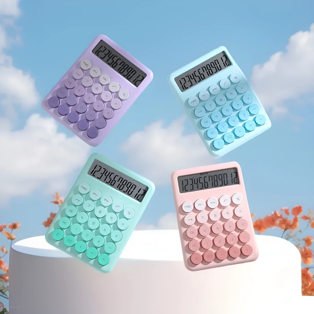 Desk calculator with gradient colour design in violet, pink, blue, or green on a white background.