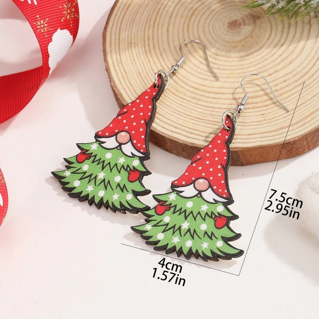 Wooden Christmas earrings with geometric shapes and printed Santa Claus holiday designs
