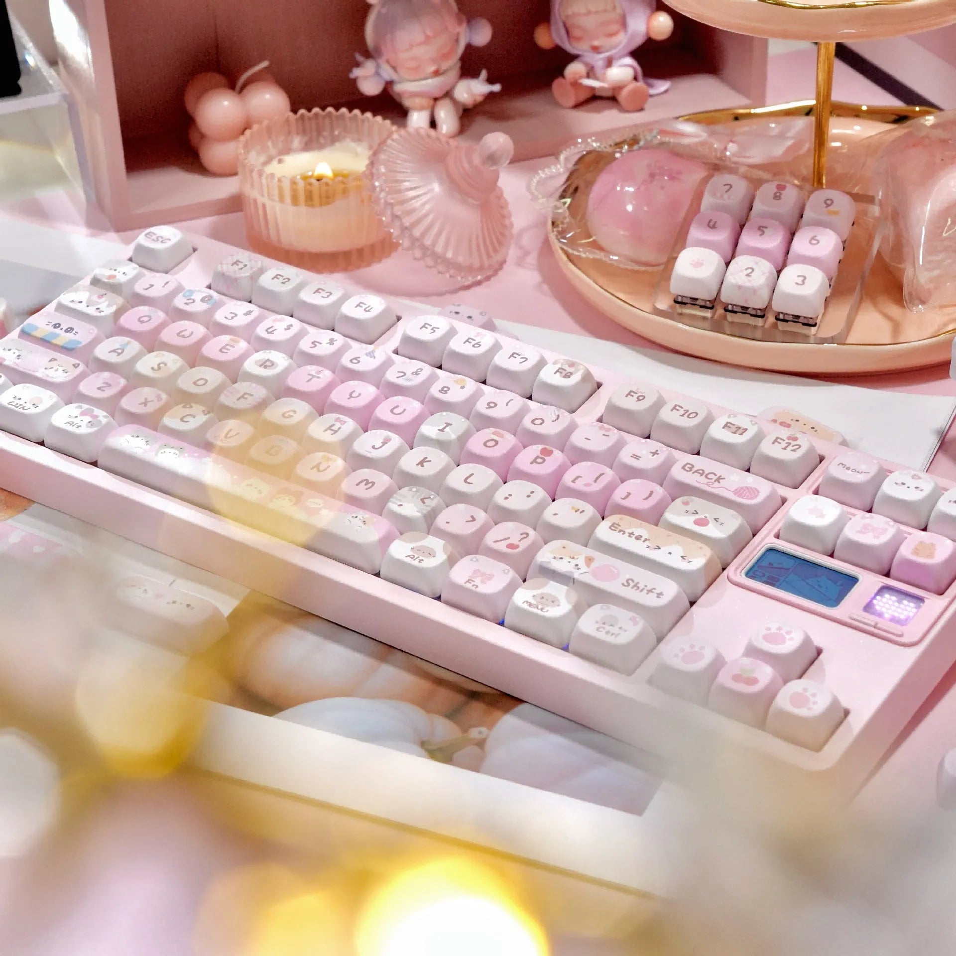 MOA height pink cartoon sublimation key caps for mechanical keyboards showing five-sided artwork coverage.