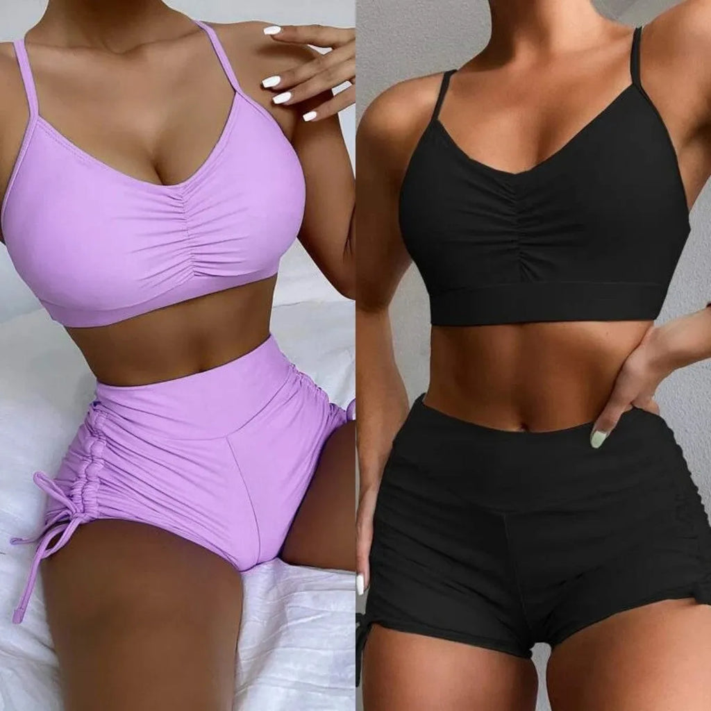 Women's high waist split swimsuit bikini set in black or violet colour with briefs styling