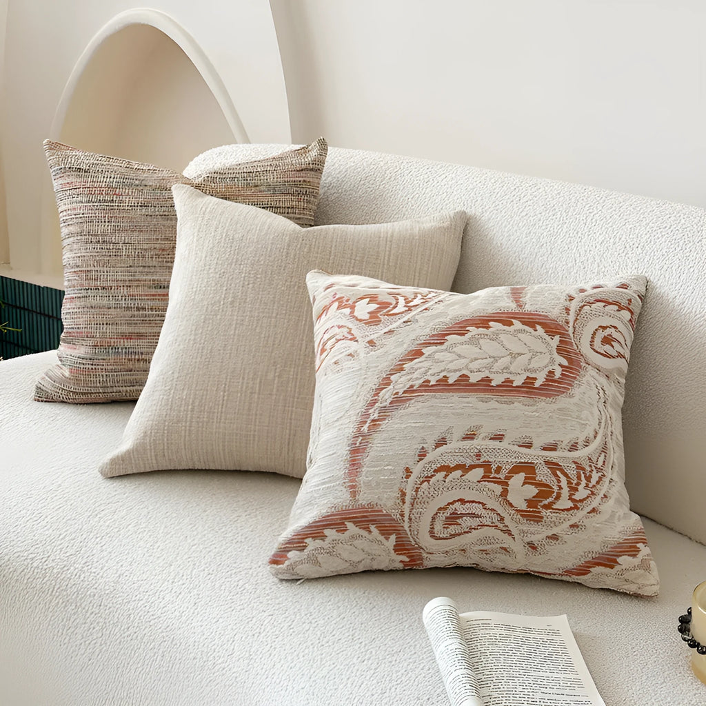 American-style jacquard paisley cushion cover with plant and flower design in amber colour