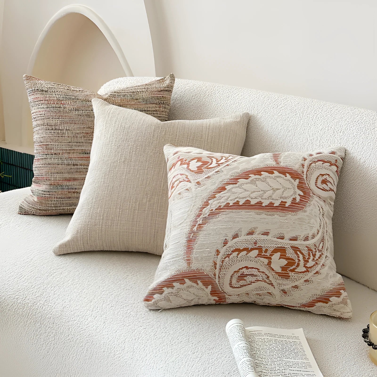 American-style jacquard paisley cushion cover with plant and flower design in amber colour