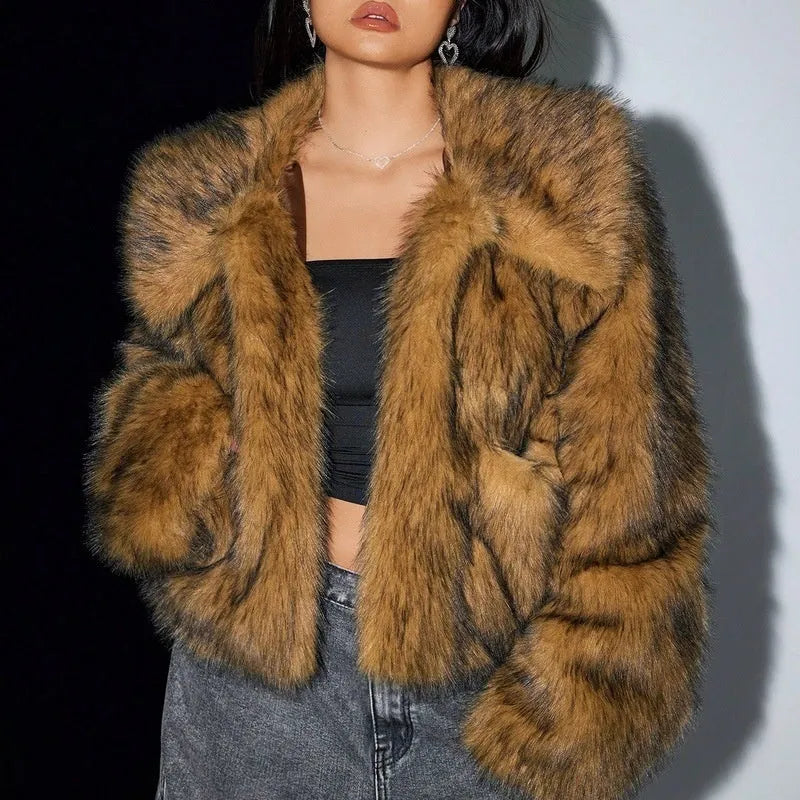 Artificial fur coat with fur collar in short 40cm length showing black tip on black colour variation