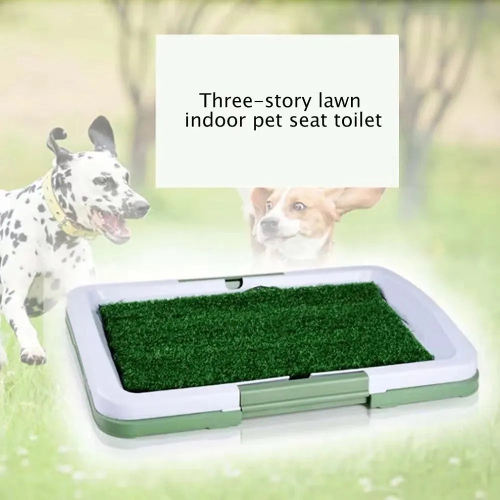 Green artificial grass indoor dog toilet training tray with three-layer construction.