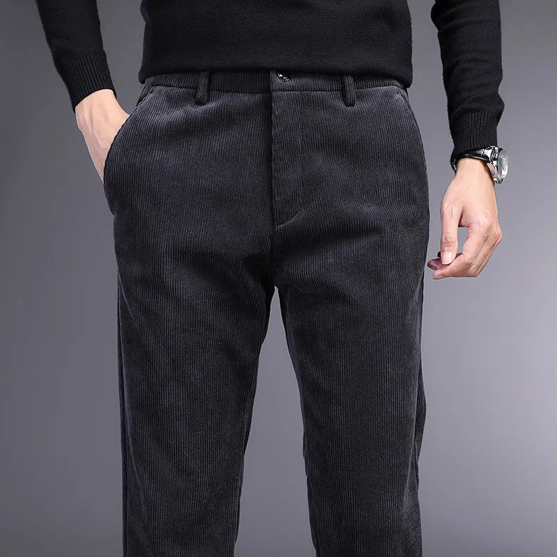 British retro striped straight leg trousers in chemical fibre blend fabric shown in khaki colour