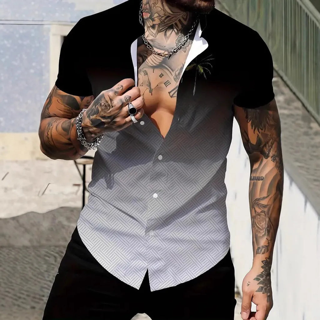 Men's geometric line lapel printing short sleeve shirt in slim fit summer styling