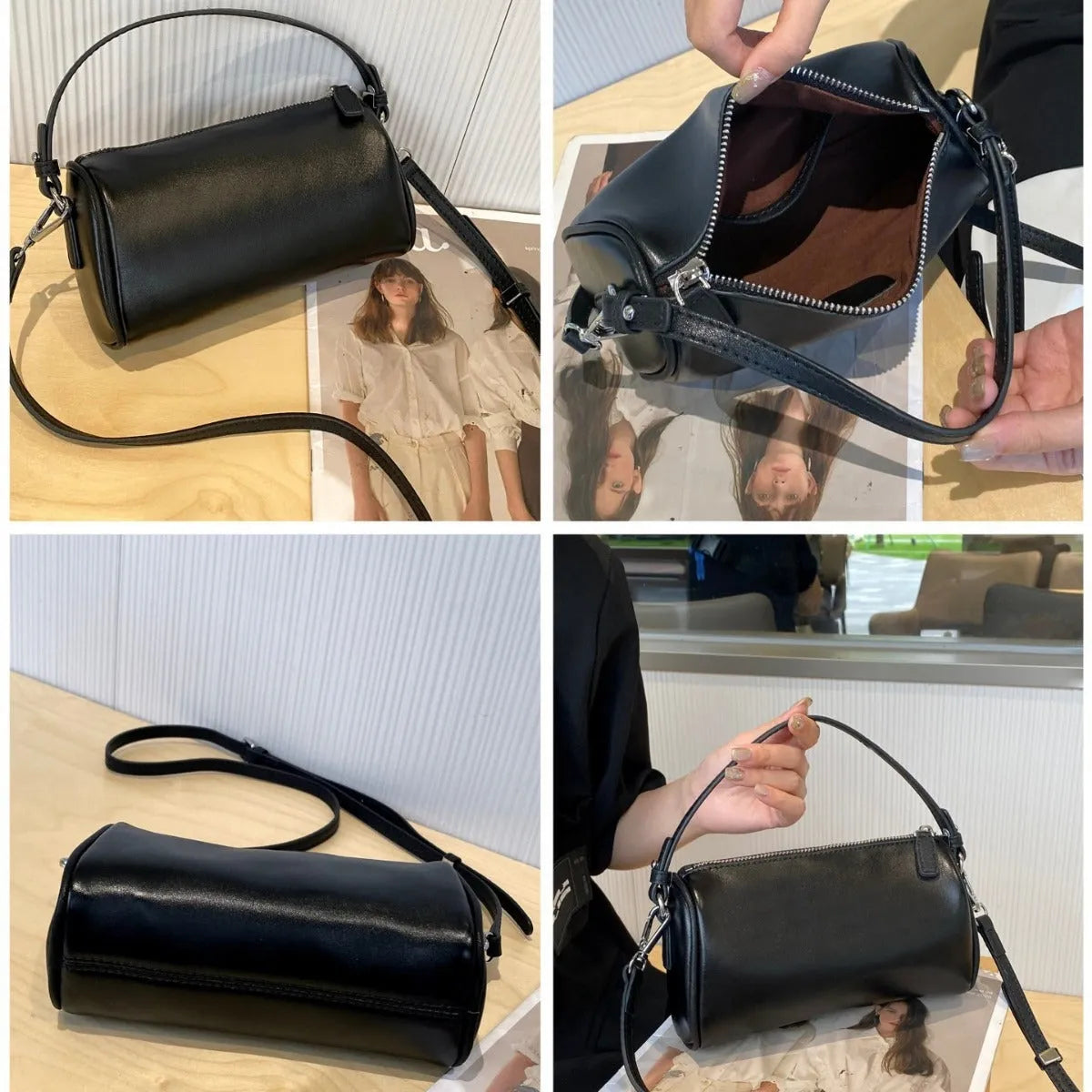 Vegetable-tanned leather cylindrical crossbody phone bag in black colour showing adjustable strap and visible stitching