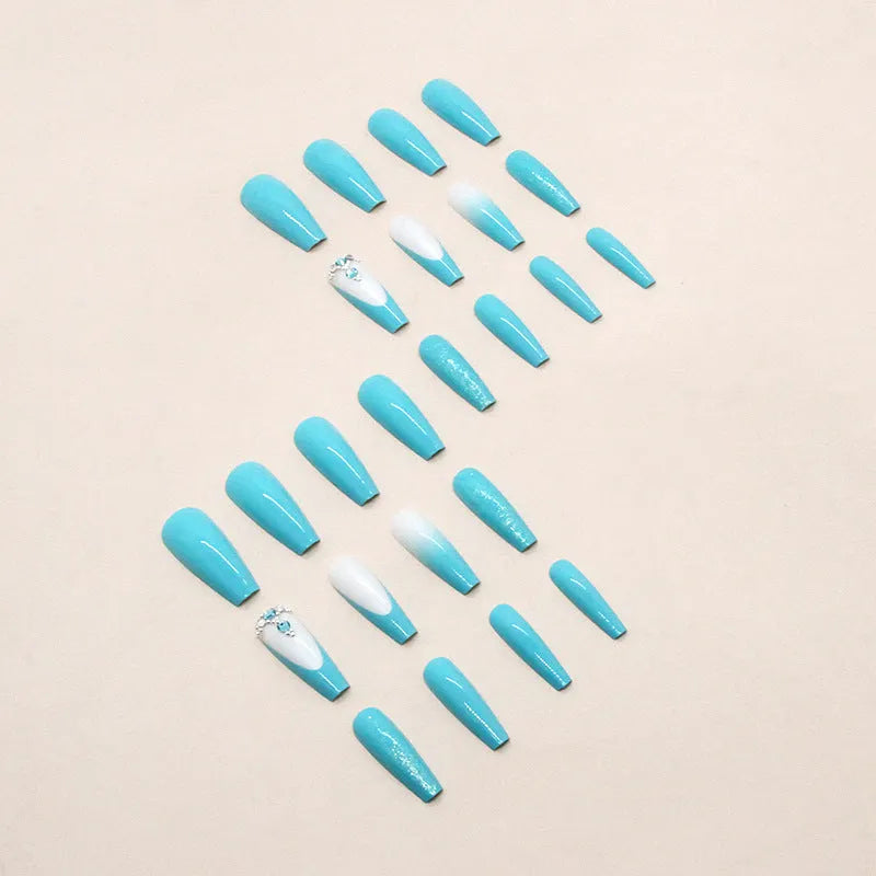 Solid colour long ballet false nails with blue diamond glitter for ladies European style