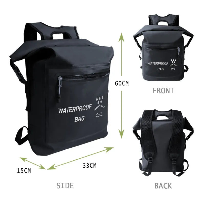 Black 25-litre waterproof backpack with 500D mesh construction for outdoor water sports.