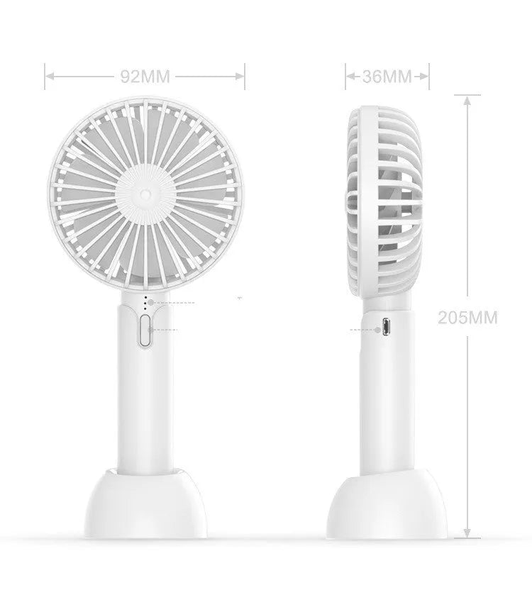 Blue portable USB handheld desktop fan with three-speed control and figure-8 oscillation