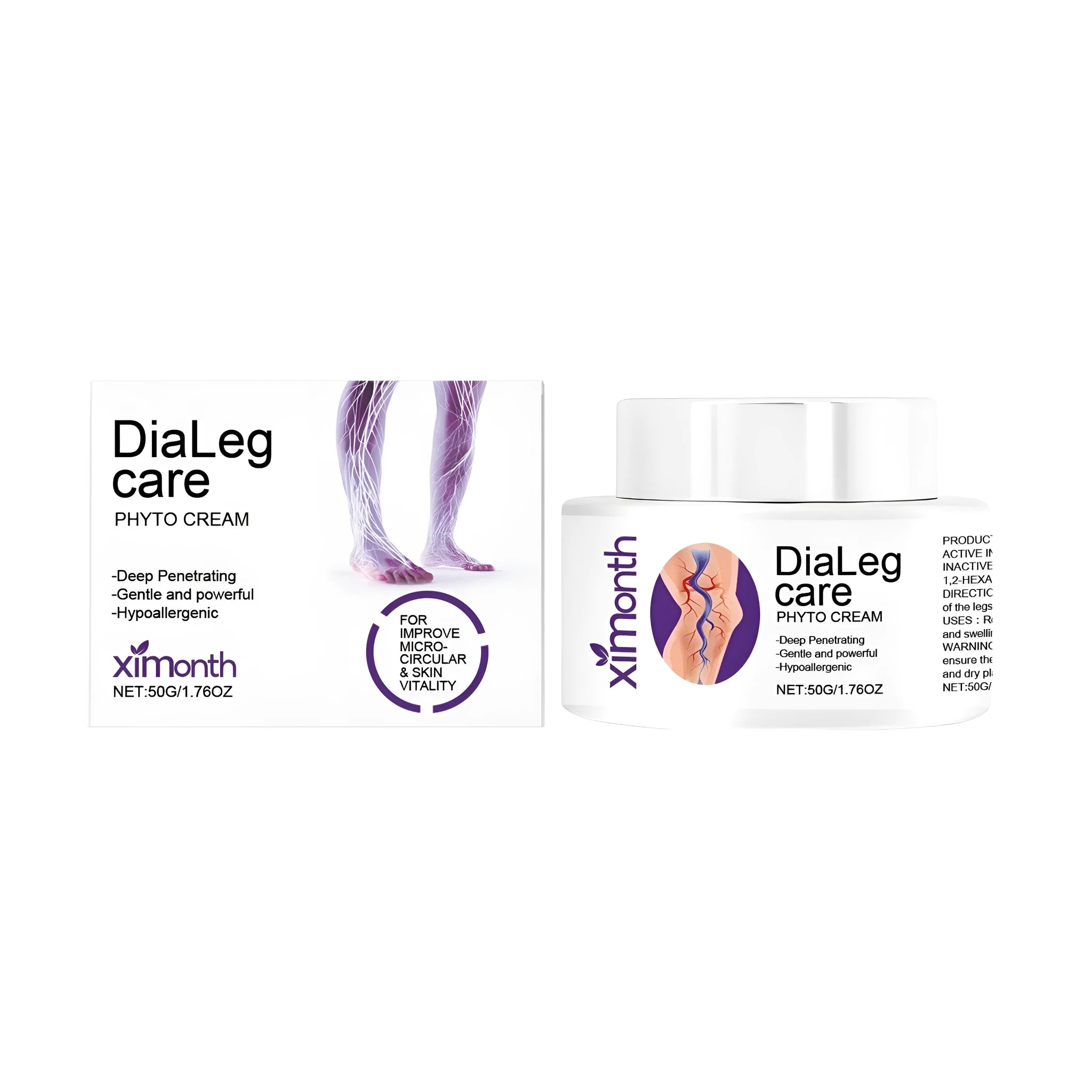 A 50g jar of varicose vein care cream with mint and shea butter ingredients.
