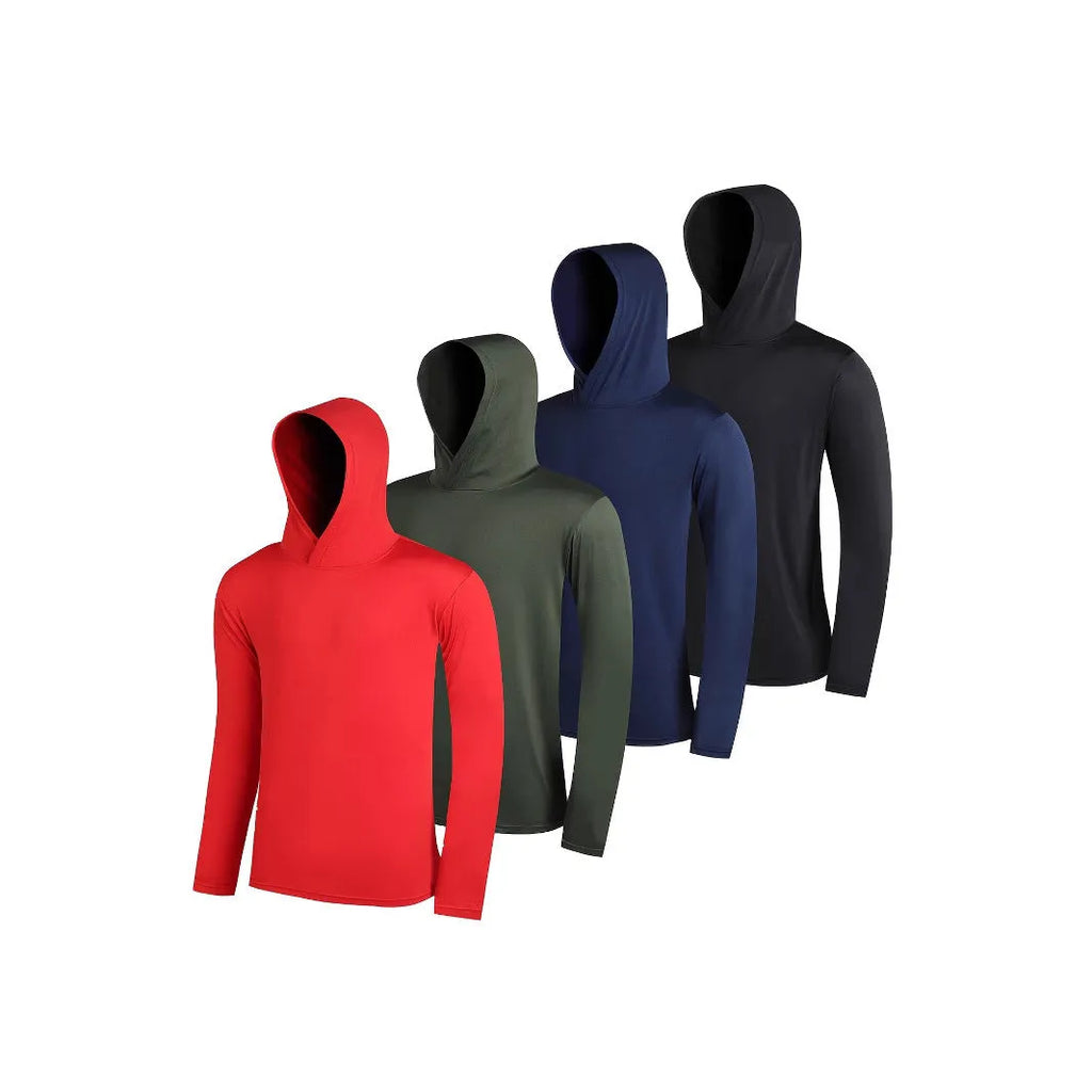 Four folded men's lightweight polyester hoodies from a multipack, shown in a solid colour.