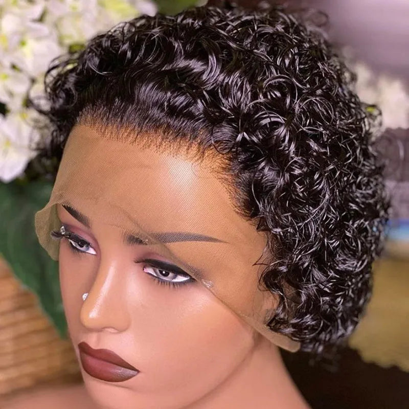 Black human hair pixie wig with lace front hair cover in 13x1 colour