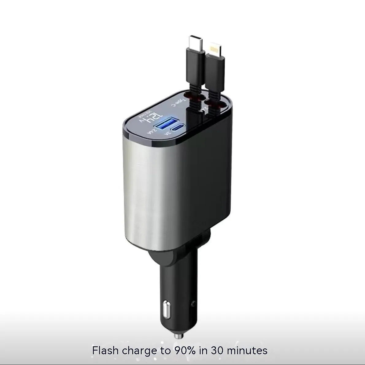 Retractable car charger with four-port USB adapter extending from vehicle cigarette lighter socket