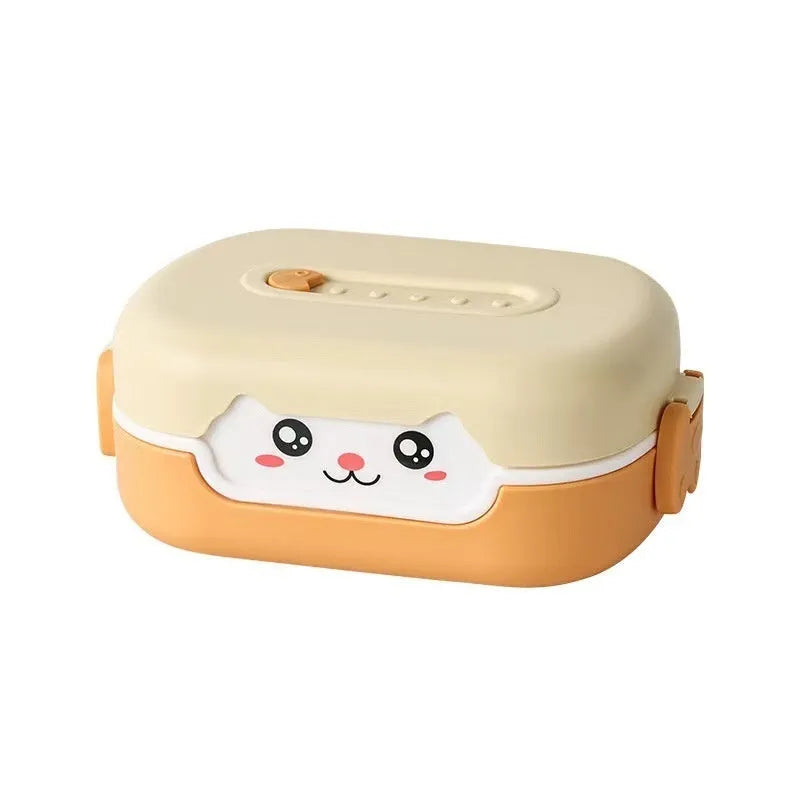 Square plastic divided lunch box with cartoon design in dark blue, orange yellow, or pink and green colours.