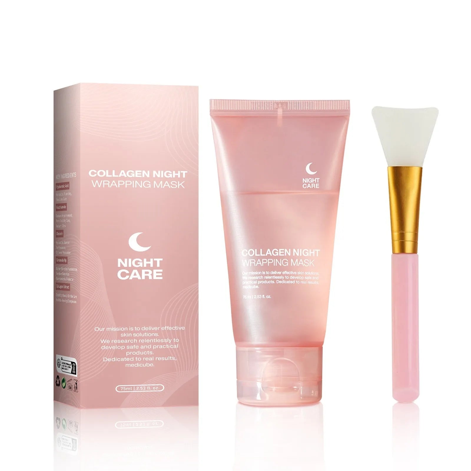 75ml bottle of collagen face night mask with application brush for evening skin care.