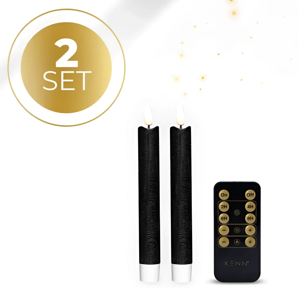 Black S2 3D Flame LED Taper Candle with realistic flickering flame effect, 18cm tall.