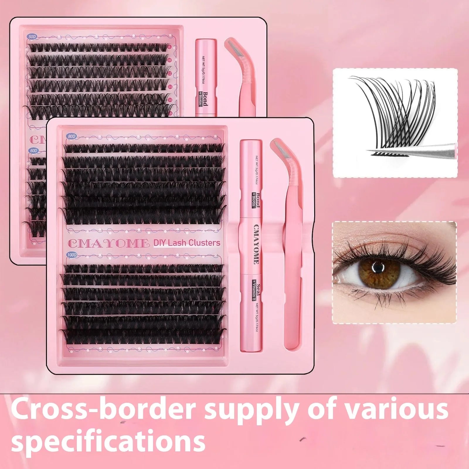 DIY single cluster false eyelashes set with adhesive and applicator tool on a white background.