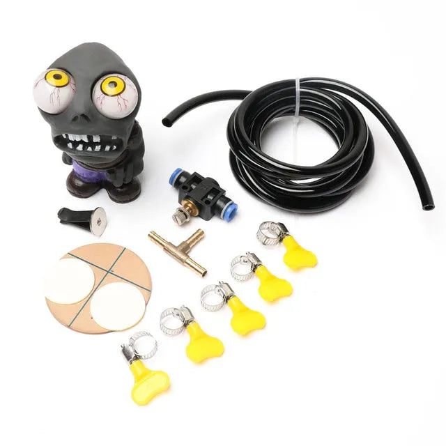 Turbo car blow-off valve sound kit showing rubber doll, pressure valve, copper tube, PU hose, and mounting clips.