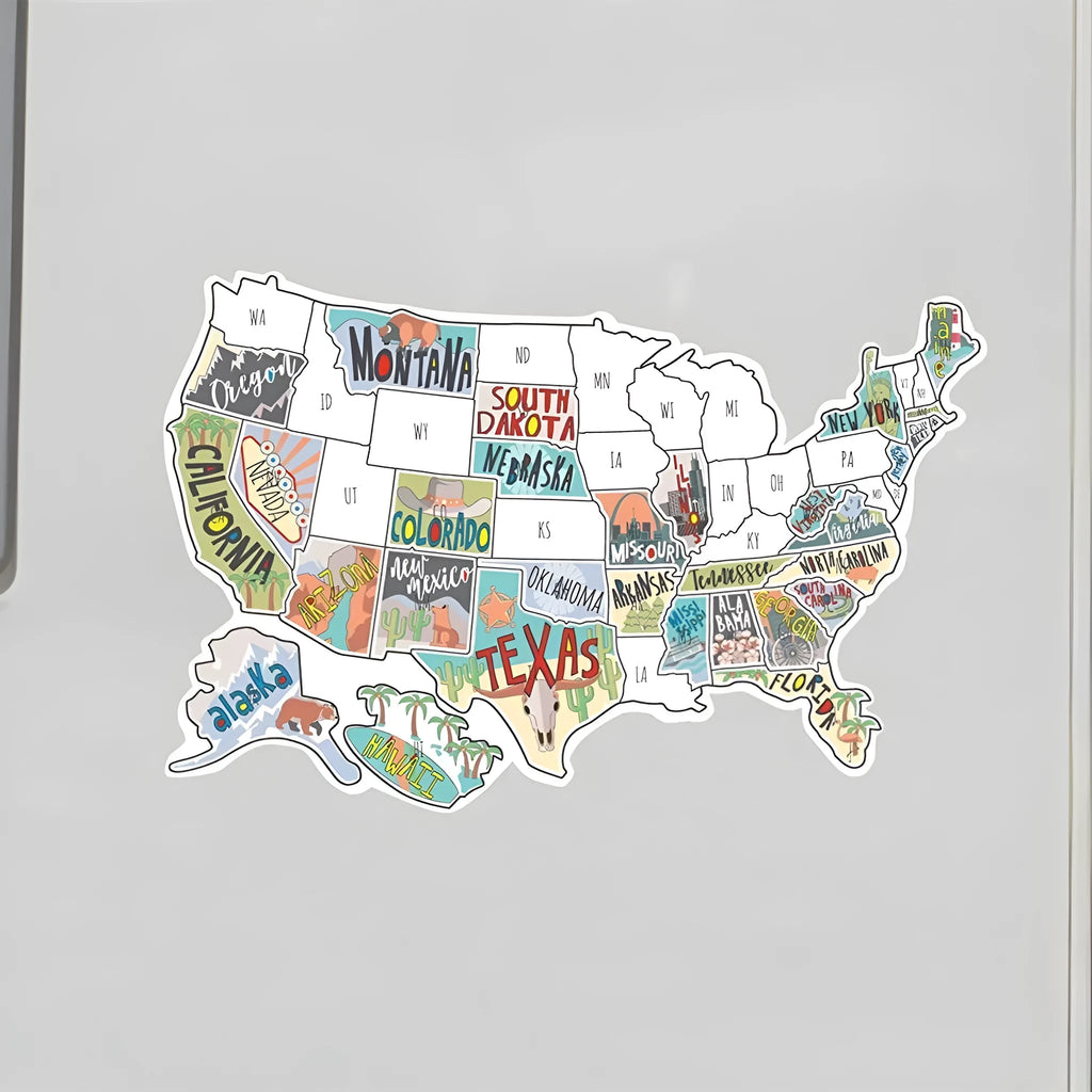Travel destination map car sticker set showing two style options and a white background sticker.