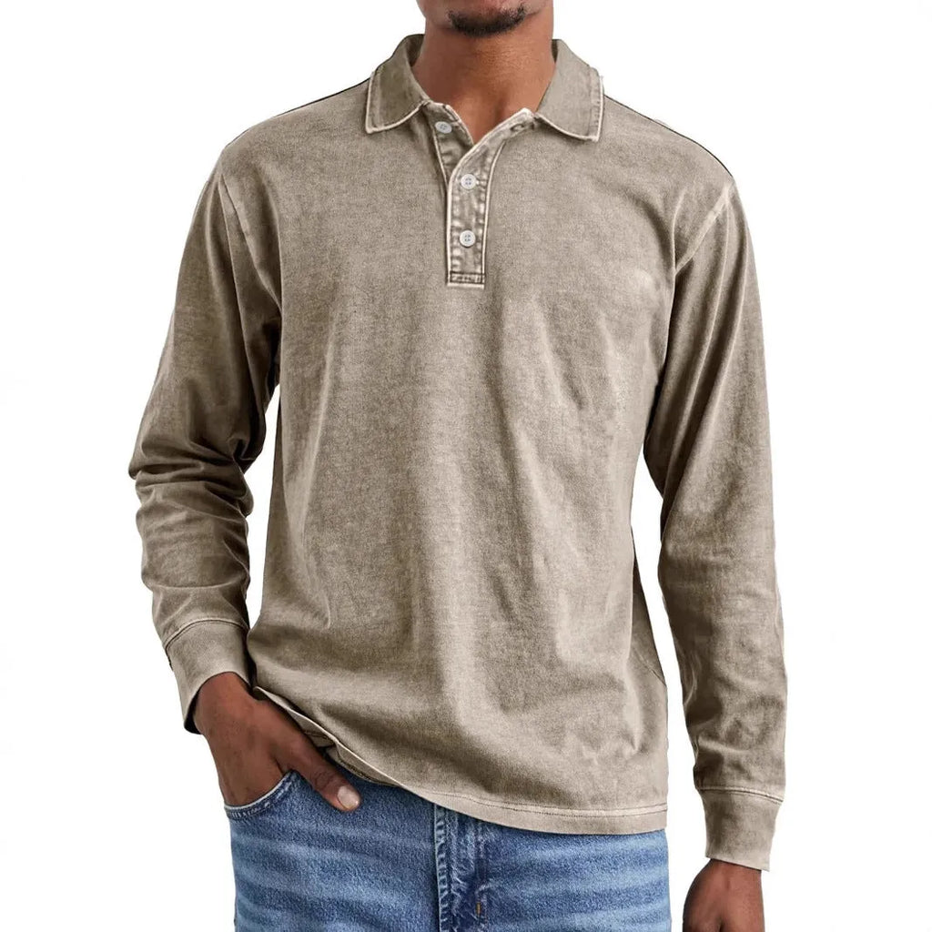 Retro washed distressed pure cotton long sleeve polo shirt with lapel collar in Army Green