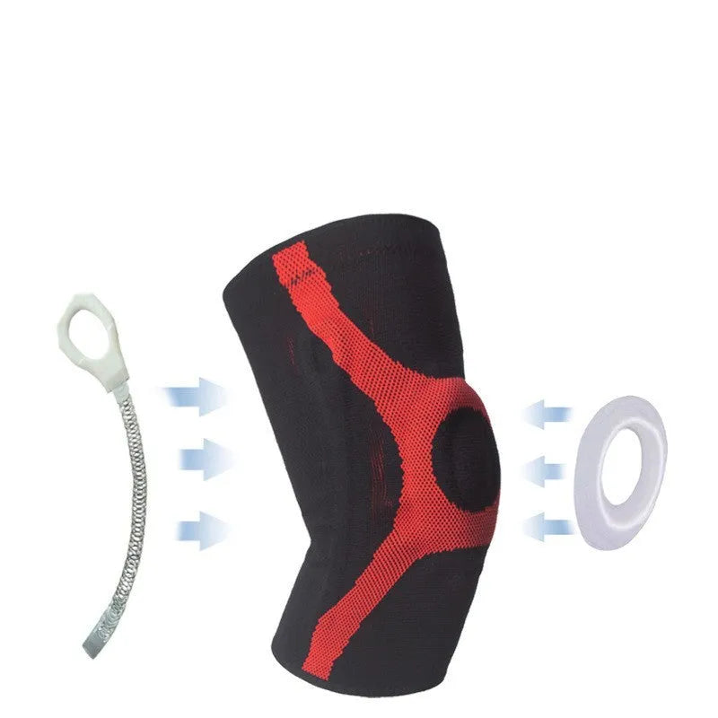Red and grey silicone sports kneecaps for running and climbing, showing non-slip design.