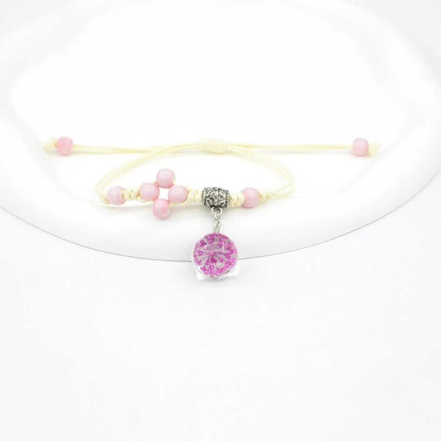 Glass dried flower bracelet with hand-woven lace and 1.4cm beads in multiple colour options