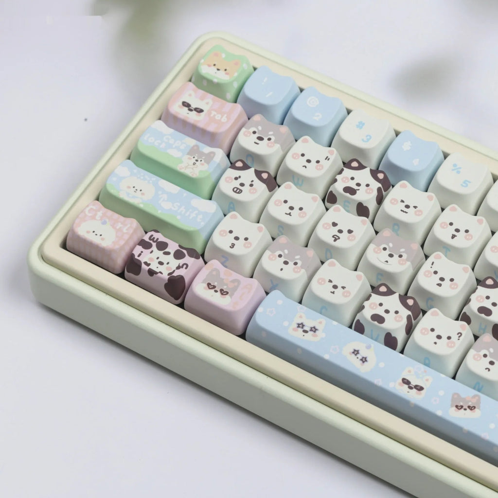 PBT key cap set with colourful cat and puppy sublimation designs for mechanical keyboards